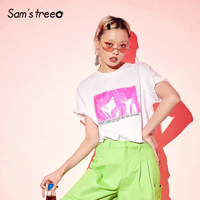 Samstree белая женская футболка с буквенным принтом модные блестящие лоскутные женские футболки больших размеров летние повседневные футболки с круглым вырезом
