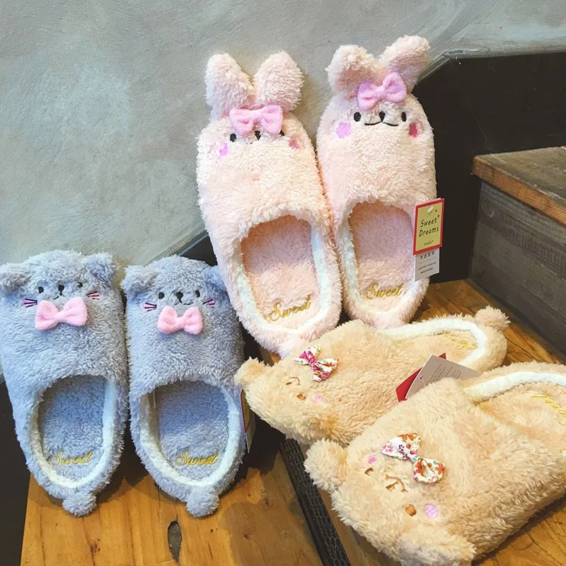 Осень-зима новые плюшевые хлопковые тапочки с рисунком медведя и кролика милые
