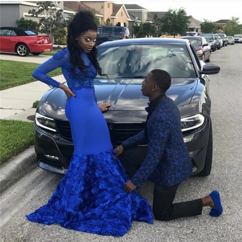 Потрясающие royal blue rose цветы на заказ средней выпускные-dress sexy афро длинным рукавом