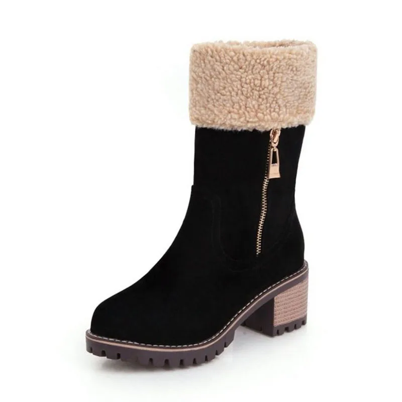 Taoffen Warm Fur Women Mid Calf Boots Simpe Round Toe Zipper Heels Shoes Comfortable Winter Footwear Size 33-44 | Обувь