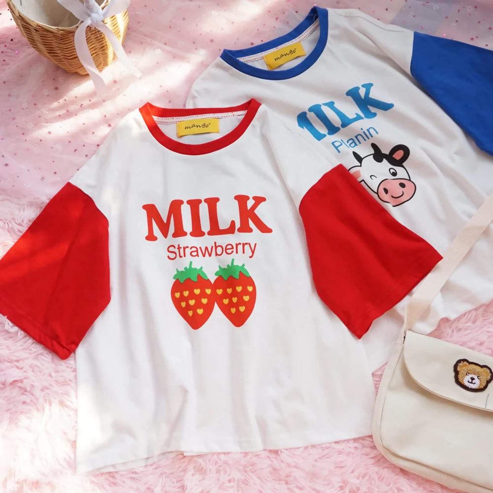 Корейская Милая женская Футболка Harajuku с принтом клубники и молока футболка Ulzzang