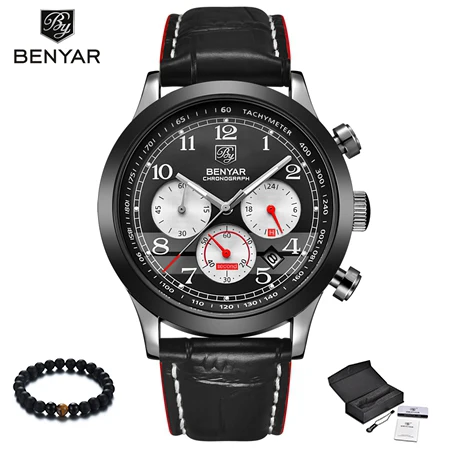 black black red BENYAR, роскошные Брендовые мужские спортивные часы, мужские кварцевые часы с датой, мужские кожаные светящиеся наручные часы, мужские часы - Цвет: black black red