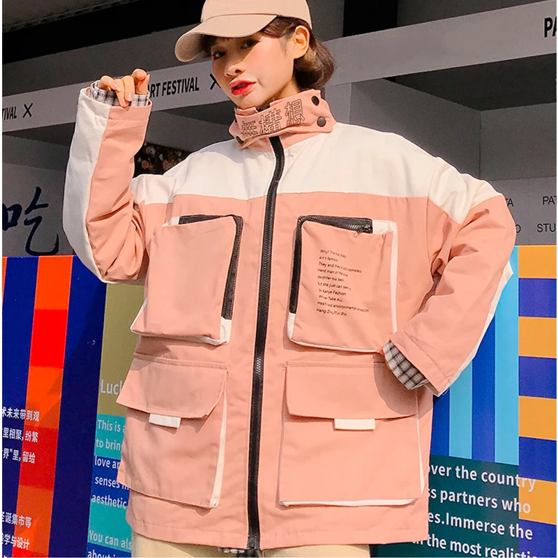 Pink Plegie Harajuku, Женская куртка большого размера в стиле пэчворк, весна, новая верхняя одежда, пальто в стиле хип-хоп, свободная уличная одежда для колледжа, BF стильные куртки - Цвет: Pink