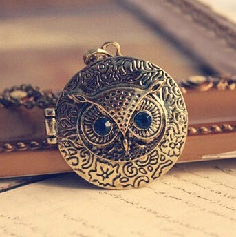 Vintage Bronze Green Eye Owl Open Photo Frame Setting Locket Pendant Necklaces Women Long Chains Sweather Pendants | Украшения и