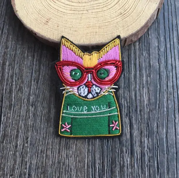 Hand-Made Glasses Cat Indian Silk Emboridered Patch Brooch Applique Patches Vintage Embroidered Badge Fashion Clothing Decor | Дом и сад