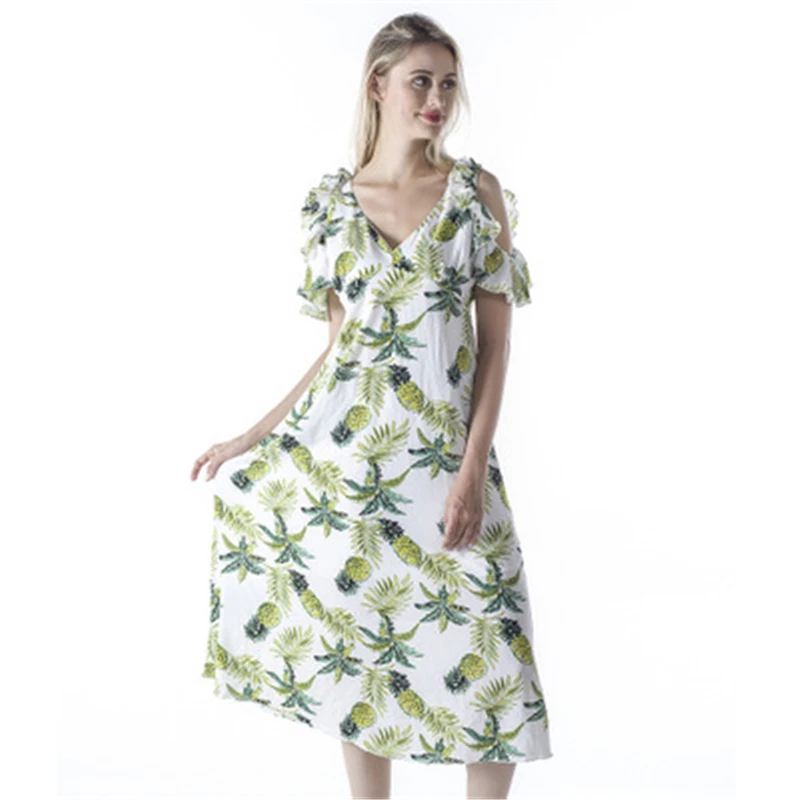 10pcs/lot 2018 New Summer beach dress V-neck Print chiffon split bohemian sexy Explosive Women's clothing | Женская одежда