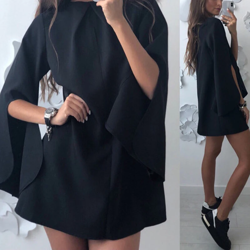 Женское однотонное платье мини с круглым вырезом Расклешенным рукавом и