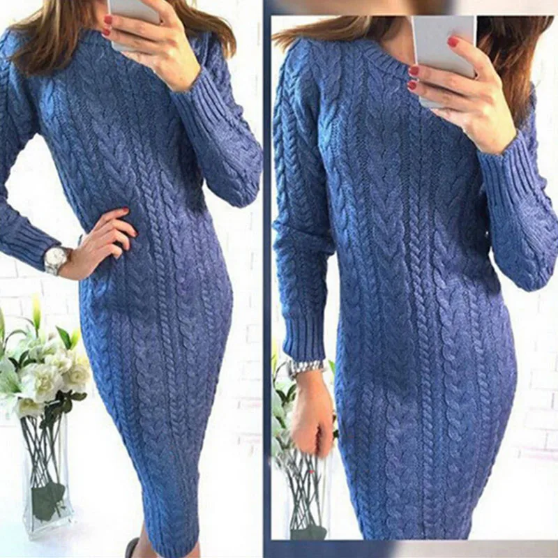 autumn winter long casual bodycon knitted sweater pullover sleeve elegant blue gray o neck sweaters | Женская одежда