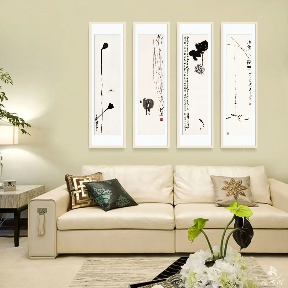 4 Панель Ци Байши китайский дзен Книги по искусству водяной лилии и рыба Печать