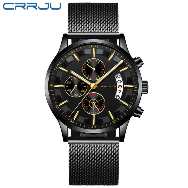 mesh black gold CRRJU роскошный бренд новые мужские наручные часы в деловом стиле Хронограф Дата из нержавеющей стали Кварцевые наручные часы мужские подарки часы - Цвет: mesh black gold