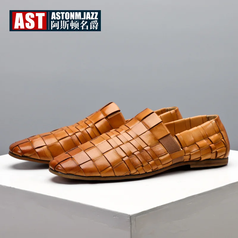 High End Men Hand-made Woven Leather Shoes Summer Slip On Soft Genuine Loafers Big Size 6- 12 | Обувь