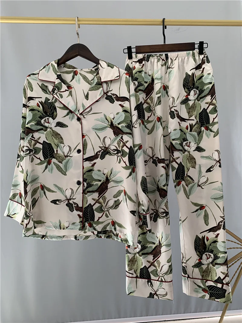 Летний новый женский пижамный комплект из ледяного шелка с длинными рукавами и