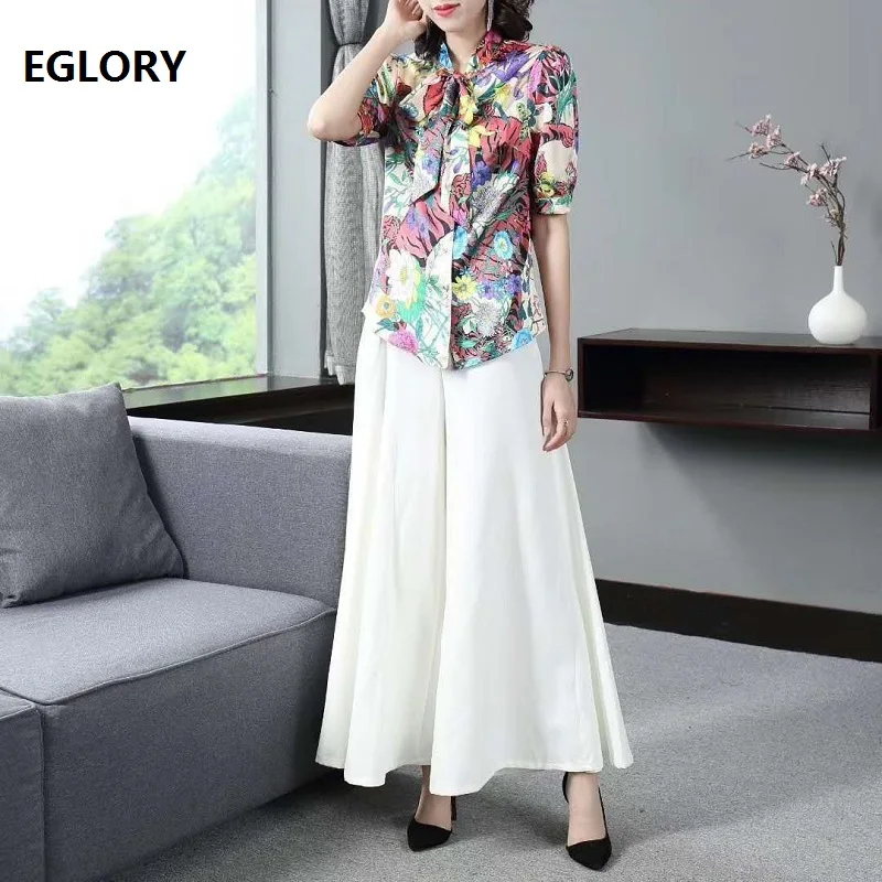 Женский комплект из блузки и брюк белая блузка с принтом животных бантом на