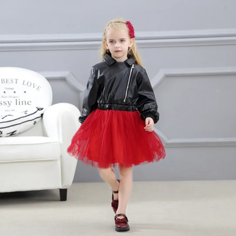 R&ampZ Baby Girls Dress 2018 Autumn Fashion Lapel Zipper Leather Diamond Print Long Sleeve Mesh Tutu for Kids Clothing | Детская одежда