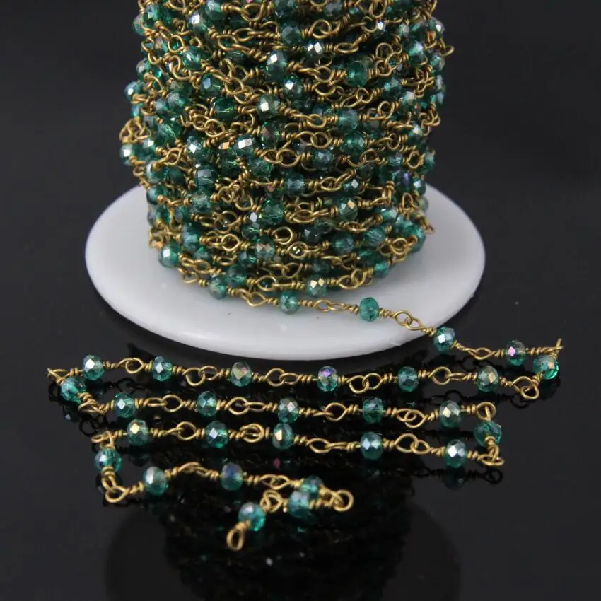 

5Meter,2x3mm Faceted Crystal Glass Rosary Style Chain,Rainbow Titanium Green Glass Rondelle beads Brass Wrapped Chain