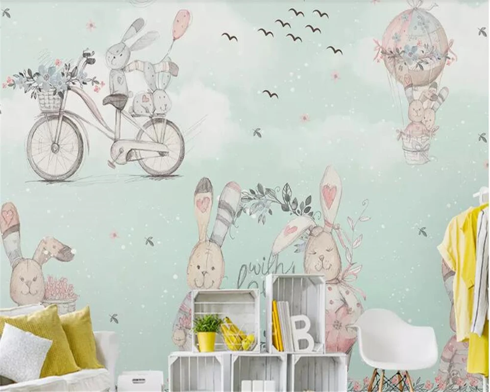 beibehang wall paper for kids room Hot Air Balloon Abstract Bunny Hand Drawn Snowflake Cartoon Background papel de parede 3d |