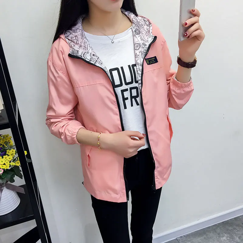 

2019 New Spring Autumn Women Basic Jacket Pocket Zipper Hooded Two Side Wear Cartoon Print Outwear Loose Coat Windbreaker Female