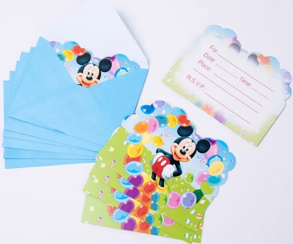6 pcs invitation car Счастливый день рождения Микки Дисней бэби Шауэр для мальчика свадебный фестиваль вечерние украшения набор баннер салфетки стакан с соломинкой пластины поставщик - Цвет: 6 pcs invitation car