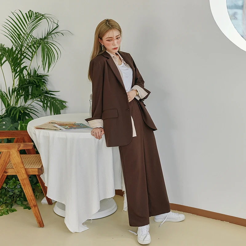 Винтаж Для женщин брюки костюм One Button Blazer куртка и эластичный пояс широкую ногу 2018