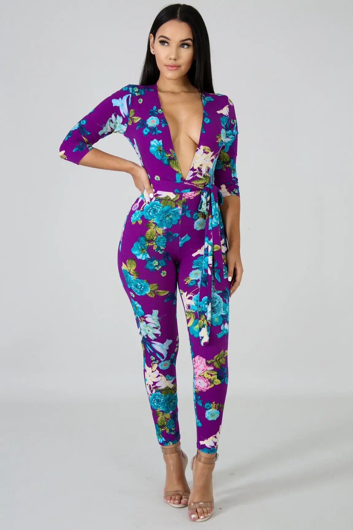 Fashion Women Summer Purple Floral Print Jumpsuit Long Sleeve Deep V-neck Sashes Party Jumpsuits Plus Size | Женская одежда