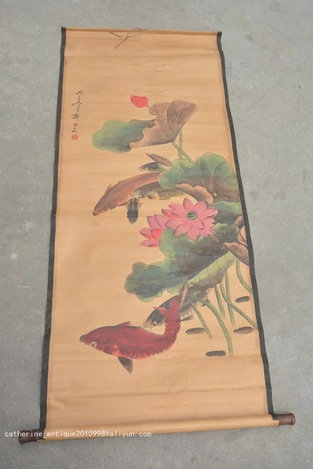 Редкая ручная роспись QingDyansty китайские вертикальные оси картины рыба бесплатная
