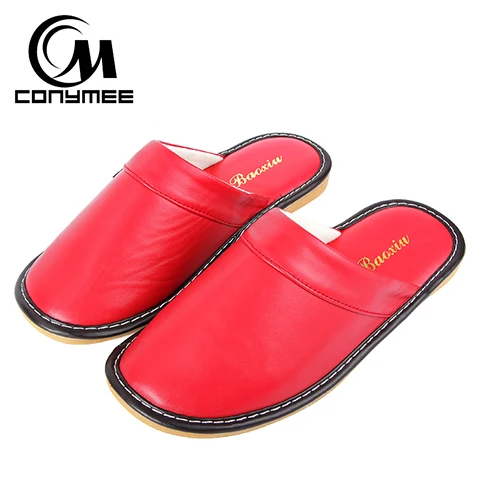 PT-RUP Red Conymee пара Домашние зимние тапочки Для мужчин/Для женщин из натуральной кожи комнатная обувь пантуфли Нескользящие тапочки Повседневное кроссовки - Цвет: PT-RUP Red