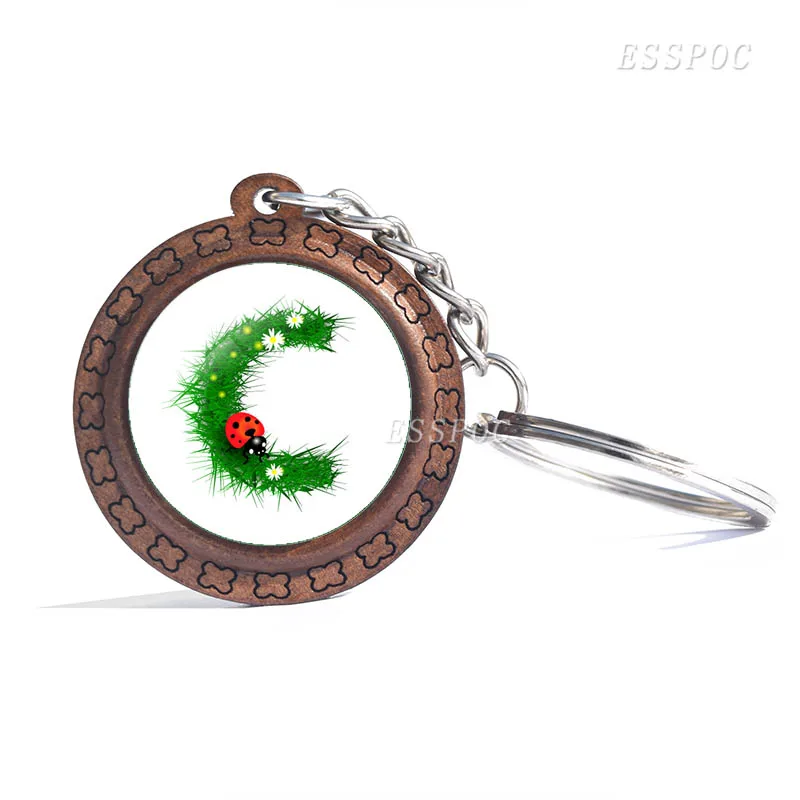 26 Letters A-Z Wooden Key Chain Round Glass Cabochon Jewelry Letter Creative Pendant Fashion Accessories Keychain Birthday Gifts | Украшения