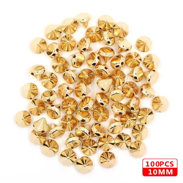 10MM Cone Gold 100 шт шьют заклепки CCB пирамиды конусные заклепки все виды пластиковых шпильки серебристые золотые черные шипы для кожаной одежды аксессуары DIY - Цвет: 10MM Cone Gold