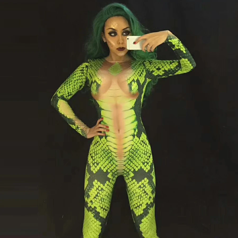 Женский сценический костюм певицы женские Комбинезоны Зеленый змеиный принт