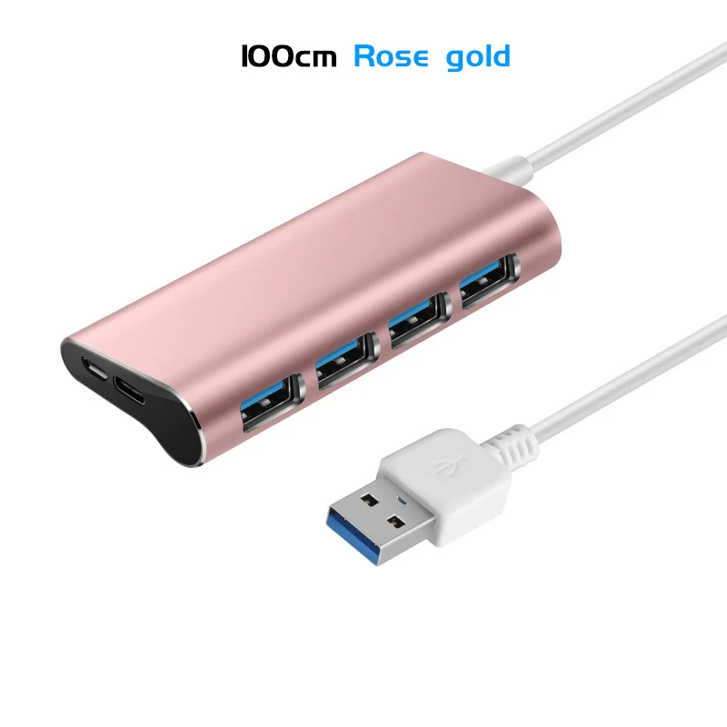 Rose gold 100cm 4-портовый Алюминий сплава USB 3,0 концентратор 5 Гбит/с супер Скорость 0,6 м/1 м usb-хаб Тип-C Micro Зарядка через usb разветвитель для настольного компьютера ноутбука - Цвет: Rose gold 100cm