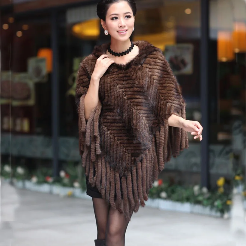 100% Реального Трикотажные Норки Пончо Украл с Кисточкой Кабо Обруч Шали Пальто