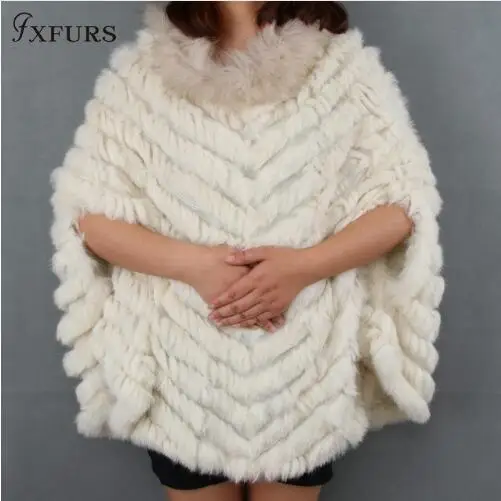 FXFURS настоящая Вязаная Шаль из кроличьего меха, женская модная меховая накидка с воротником из меха енота, осенний свитер с рукавами летучая мышь - Цвет: beige