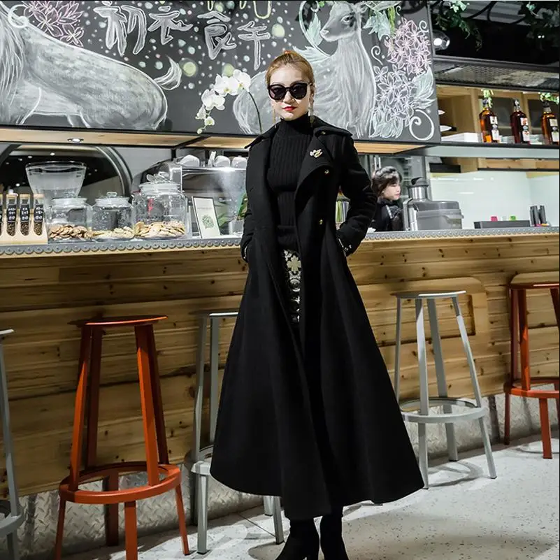 Женская шерстяная ветровка X-long зимнее двубортное приталенное пальто с длинным