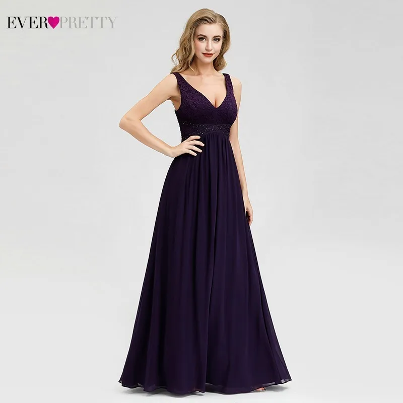 Элегантные темно фиолетовые платья подружки невесты Ever Pretty A Line с v образным