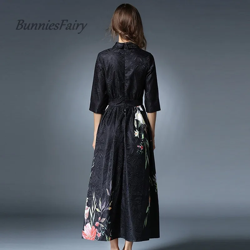 BunniesFairy 2017 Autumn And Winter High End Royal Style Turn Down Collar Slim Waist Floral Print Maxi Long Dress Robe Vestidos | Женская