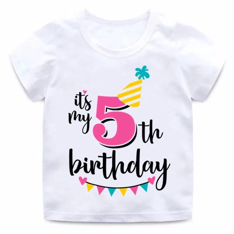 HKP2432E Футболка с надписью «Happy Birthday» и цифрой 1-7 для девочек Милая летняя одежда для малышей Забавная детская футболка с цифрами на день рождения HKP2432 - Цвет: HKP2432E