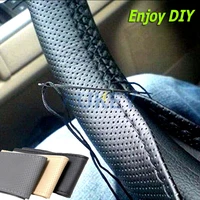 hand sewing diy black car steering wheel cover pu leather with needles and thread van for ford focus 2 3 kia rio hyundai solaris