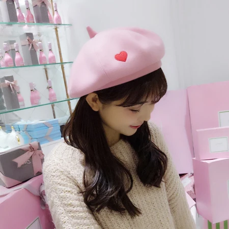 Light Pink HT1454 милые женские зимние шапки с сердцем, однотонные черные, розовые, серые, художники, художники, береты для зимы, западный стиль, шерстяные береты, шапки - Цвет: Light Pink