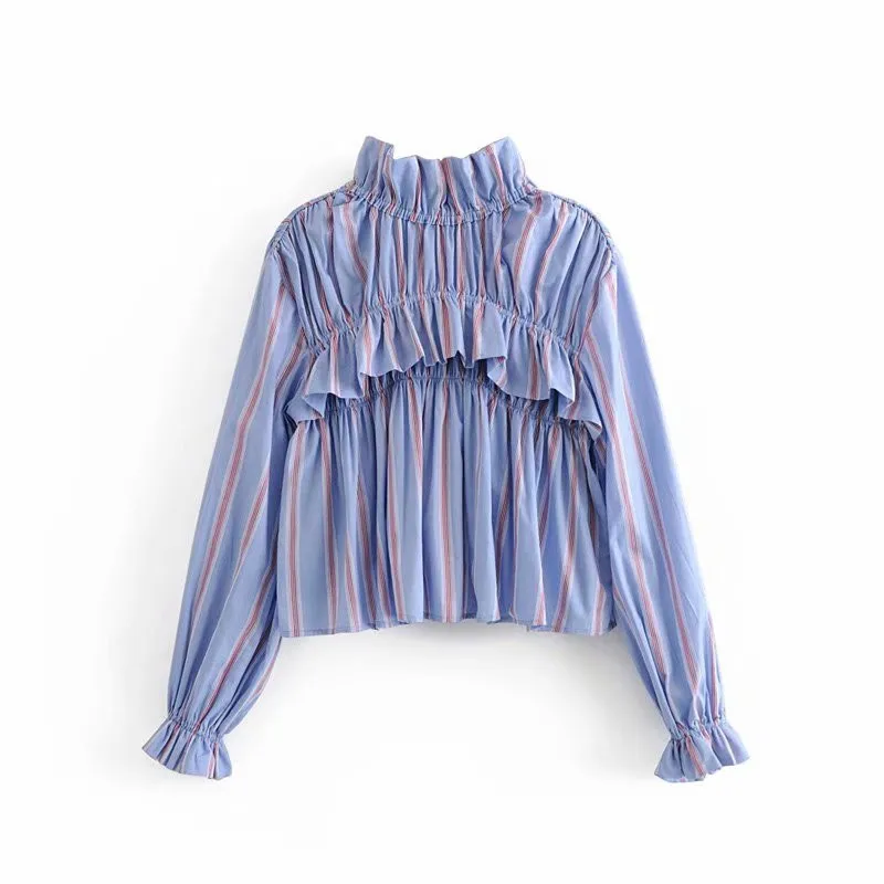 2018 лето новые дикие Тонкий полосатый кружева высокий воротник рубашки женщины