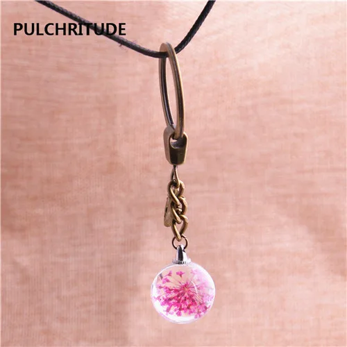PULCHRITUDE 2 шт./партия металлический брелок хрустальный стеклянный шар кулон с высушенным цветком крылья сердце Шарм кольцо для ключей ювелирные изделия Diy C0581 - Цвет: 2 as photo