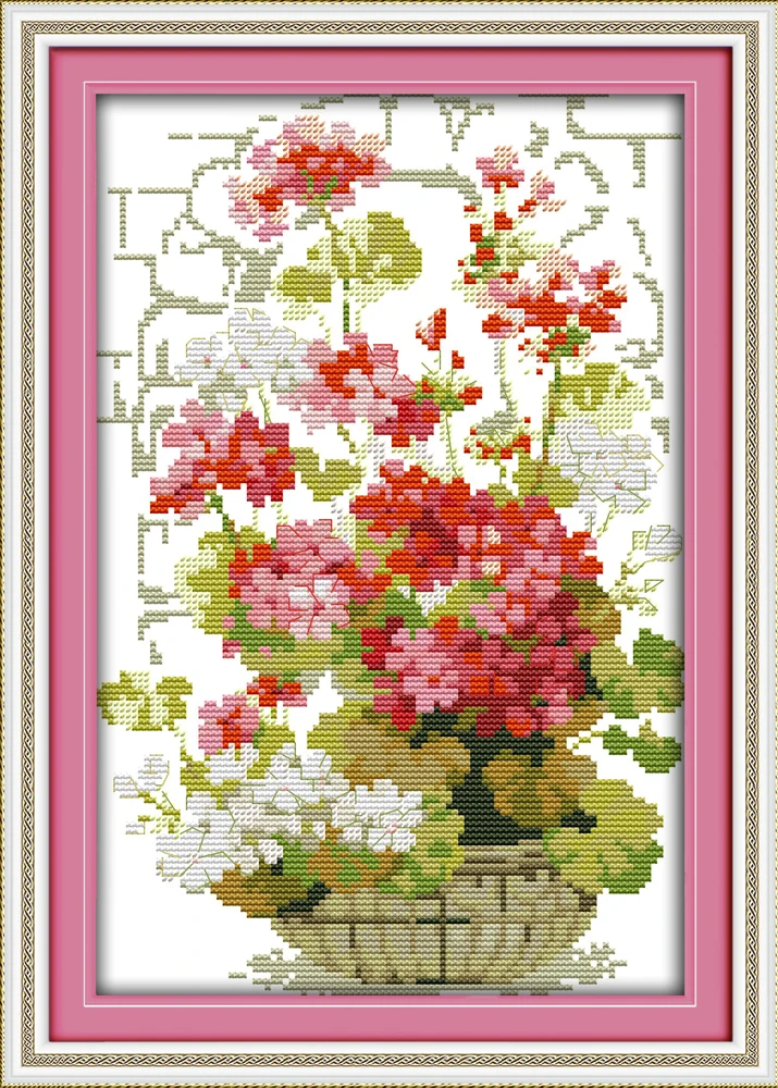 The pink geranium cross stitch kit 18ct 14ct 11ct count printed canvas stitching embroidery DIY handmade needlework | Дом и сад