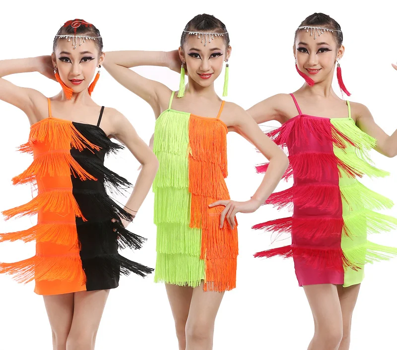Dress Salsa Dance Costume Girl Sexy Tango Dresses Children Charleston Fringe Dancing Dress Kids Ballroom Clothes