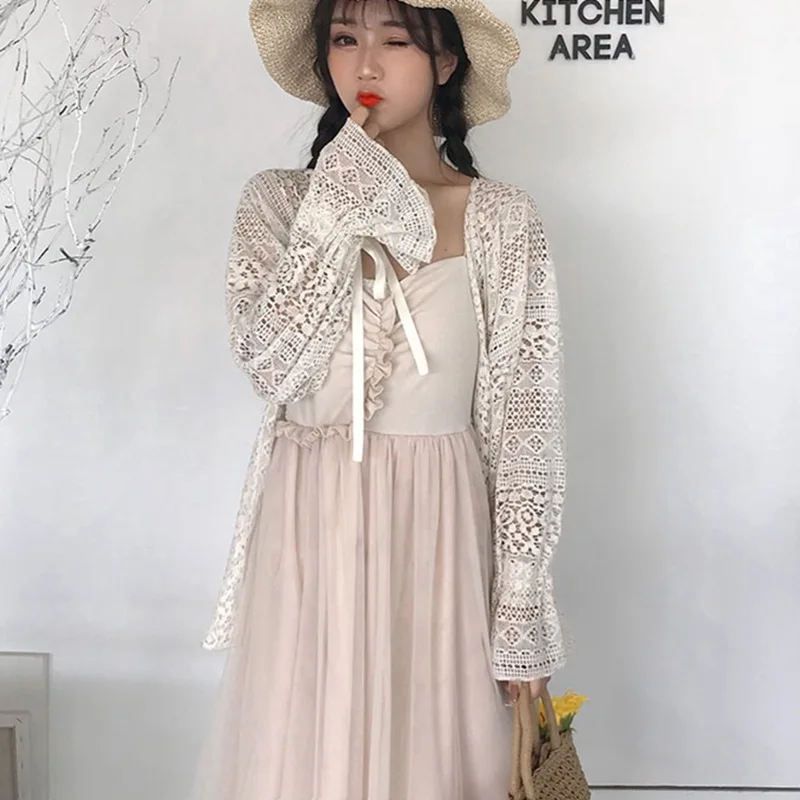 Summer Sexy Hollow Out Blouse Bikini Cover Up Batwing Sleeve Women Kimono Cardigan Female Sun Protection Lace Tops Blusas | Женская