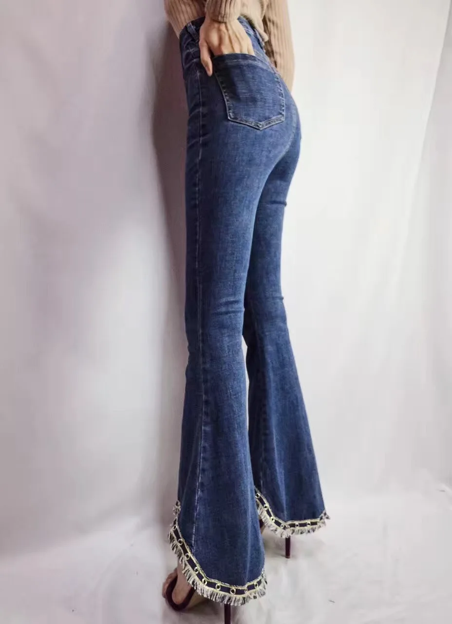 Winter retro arc of the national style curved tassels nine points jeans high waist bell-bottoms |