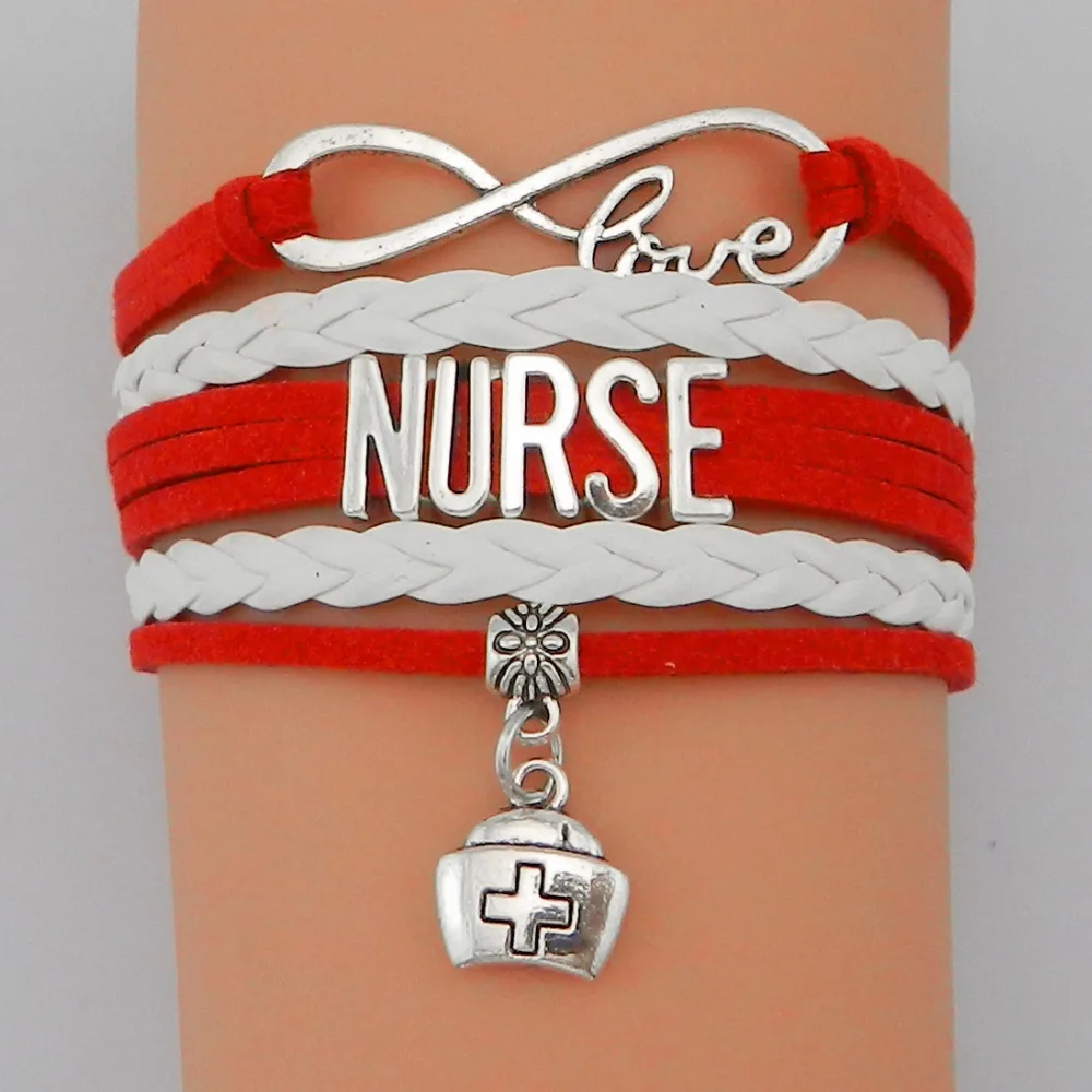 Браслет с надписью Nurse Infinity Love на заказ красный белым бархатом многослойный для