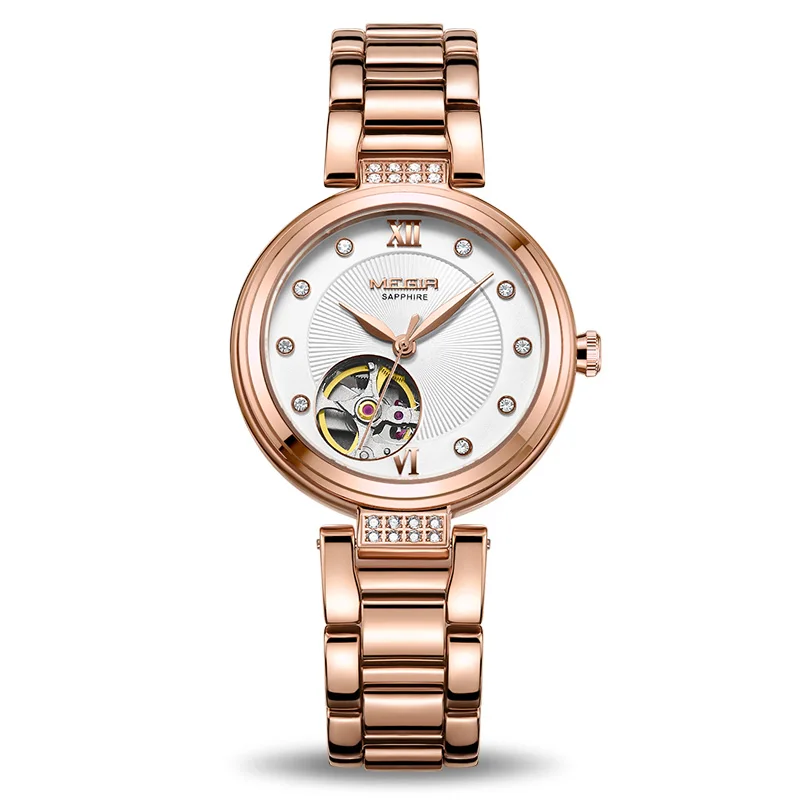 Роскошные механические Женские часы MEGIR, модные автоматические наручные часы с бриллиантами, женские часы Relogio Femenino Bayan Kol Saati - Цвет: Rose