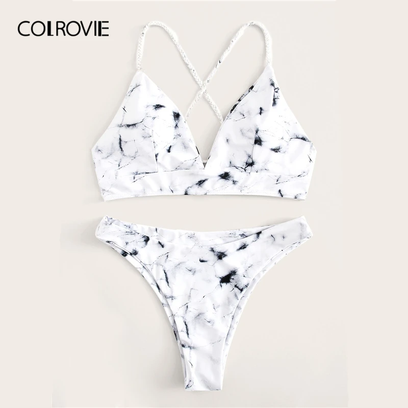COLROVIE, мраморный узор, крест-накрест, топ и высокий вырез, купальник в стиле бохо, женский бикини, набор,, беспроводной, пляжный, для купания, сексуальный купальник