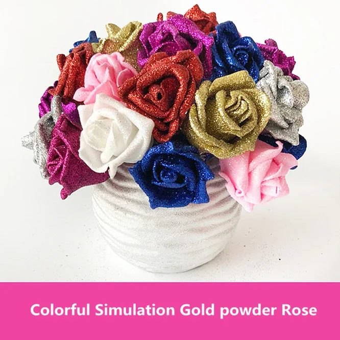 

50PCS Glitter Powder Artificial Rose Flowers For Wedding Car Decorative wedding DIY golden powder Rose simulation flower decor