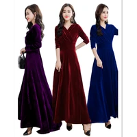 free shipping new fashion plus size s 3xl stretch velour dresses for women long maxi dress spring autumn velvet v neck draped