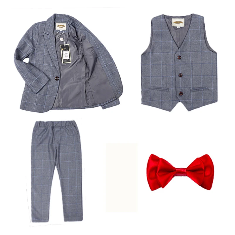 gray 3pcs Осень-зима, детский деловой костюм, комплекты клетчатый смокинг с цветочным принтом для мальчиков, жилет, рубашки, штаны, комплекты одежды детский костюм для свадебной вечеринки - Цвет: gray 3pcs